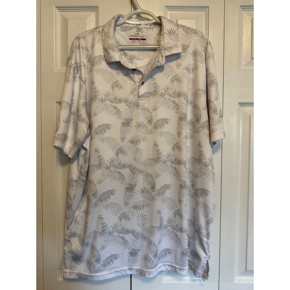 Grand Slam Performance Mens XL Polo Shirt White Grey Tropical Palm Leaf Golf